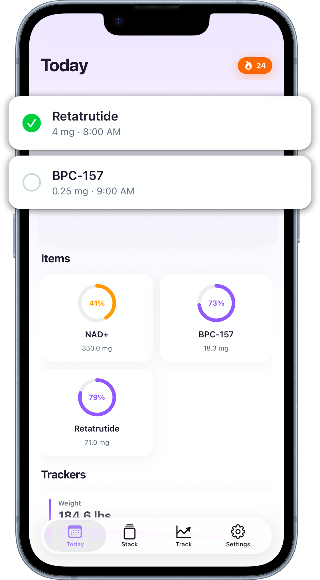 MyStack iPhone app showing today's protocol with Retatrutide and BPC-157 doses, item progress rings, and trackers