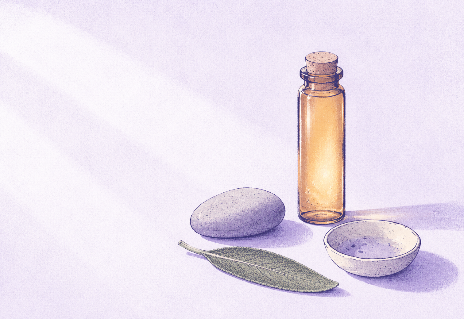 A still life of an amber-glass vial, a river stone, a sage leaf, and a small ceramic bowl in warm morning light
